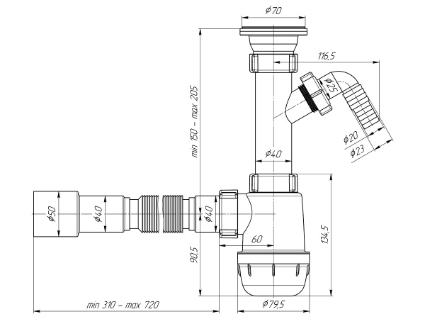 Сифон ANI-grot (Ани Грот) 1 1/2"*40 бутылочный, с отводом для стиральной машины, с гибкой трубой 40*40/50 белый, полипропилен, для мойки A1015