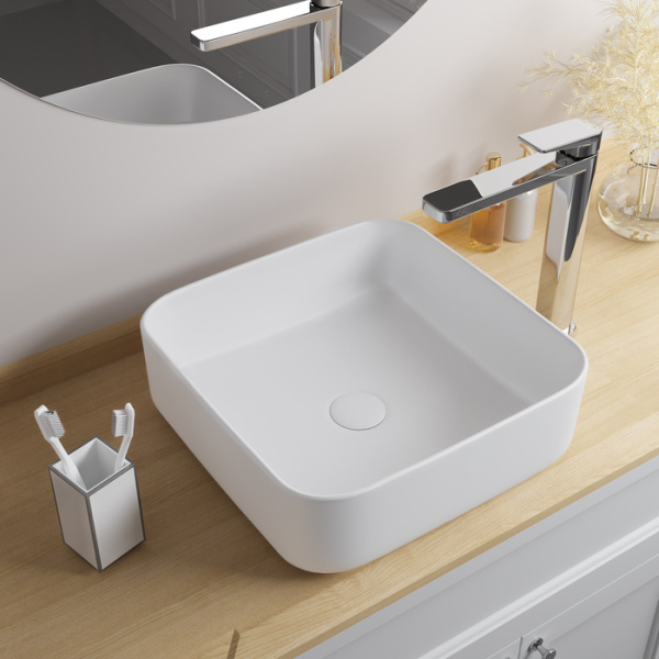 Раковина IDDIS Bridge 39х39х13 см, накладная, квадратная, керамическая/фарфоровая, цвет белый матовый, без отверстия под смеситель, без слив-перелива, умывальник