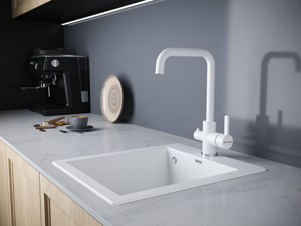 Смеситель для кухни/мойки Paulmark Logas, с подключением к фильтру/биканальный, однорычажный, поворотный излив, керамический картридж, высокий, длина излива 198 мм, латунь, цвет белый