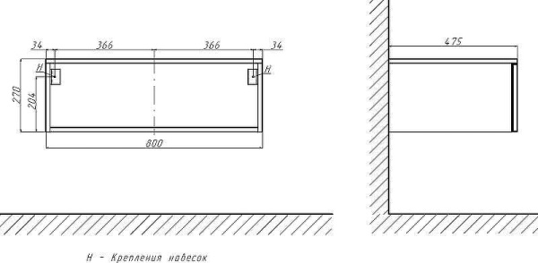 Тумба Velvex Unit 800-0-1, 800х480х270 мм, подвесная, цвет белый лед, 1 выдвижной ящик, универсальная, в ванную комнату