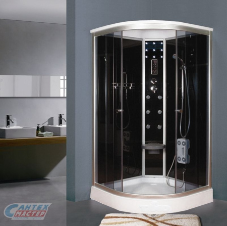 Душевая кабина 90х90х220 см Timo Standart поддон низкий, полукруглая, угловая, с гидромассажем, с сиденьем, с верхним душем, стекло тонированное, сенсорная, смеситель, профиль хром матовый, прозрачное стекло, белая, закрытая