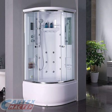 Душевая кабина 90х90х225 см Life, BandHours поддон высокий, полукруглая, угловая, с гидромассажем, с верхним душем, с сиденьем, смеситель, профиль хром, прозрачное стекло, белая, закрытая