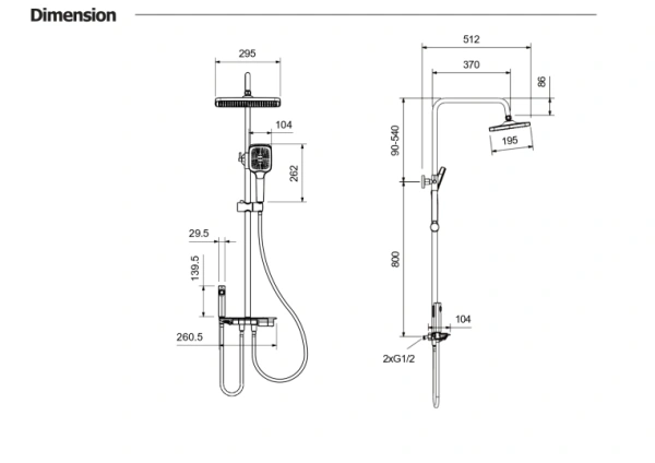 Душевая система Aquatek Поларис 890-1340 мм цвет оружейная сталь, комплект: однорычажный смеситель/излив/гигиенический душ/тропический душ (с верхней лейкой)/штанга/лейка/шланг, наружного монтажа, латунь/пластик/нержавеющая сталь
