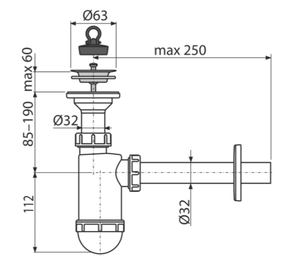 Сифон для мойки AlcaPlast A410 бутылочный 1 1/4"х32 мм с нержавеющей решеткой 63 мм, полипропилен, белый