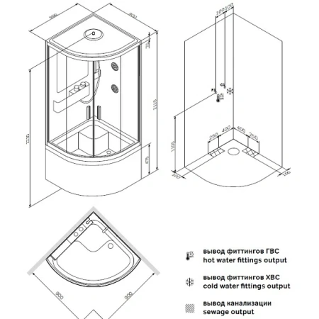 Душевая кабина 90х90х223 см Am.Pm Like Deep поддон высокий, полукруглая, угловая, стекло прозрачное, с гидромассажем, с сиденьем