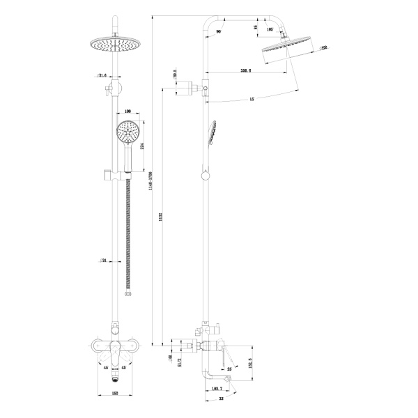 Душевая система Olives Barros, высота 1140-1700 мм, цвет хром, комплект: однорычажный смеситель/излив/тропический душ (с верхней лейкой)/стойка/лейка/шланг, наружного монтажа