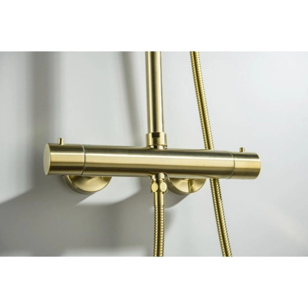 Душевая система Aquatek Европа с термостатом, 883-1383 мм, цвет шлифованное золото, комплект: термостатический смеситель/тропический душ (с верхней лейкой)/лейка/стойка/шланг, латунь