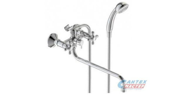 Смеситель для ванны/душа Vidima Ретро двухвентильный, керамический, настенный, излив поворотный 400 мм, с гибким шлангом, душем/лейкой, латунь хром, длинный, универсальный, горизонтальный, вентильный, кран, комплект, сантехника, размер