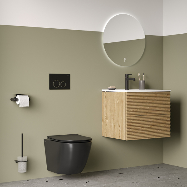 Унитаз подвесной IDDIS Blanco, горизонтальный (прямой, в стену) выпуск, безободковый, с быстросьемным сиденьем микролифт, с крышкой (сиденье) дюропласт, цвет: черный матовый