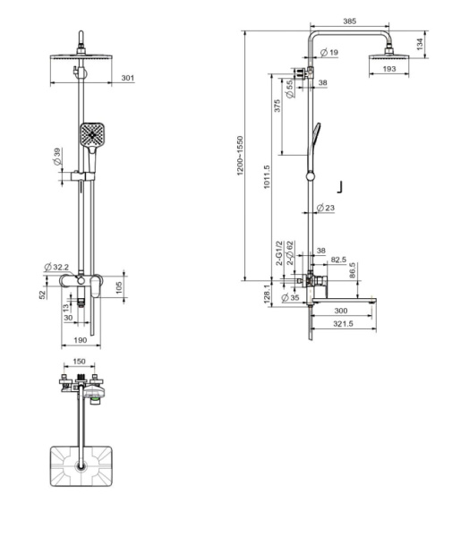 Душевая система Aquatek Ника со смесителем, высота 1200-1550 мм цвет оружейная сталь, комплект: однорычажный смеситель/длинный излив/тропический душ (с верхней лейкой)/лейка/стойка/шланг, латунь/ABS-пластик