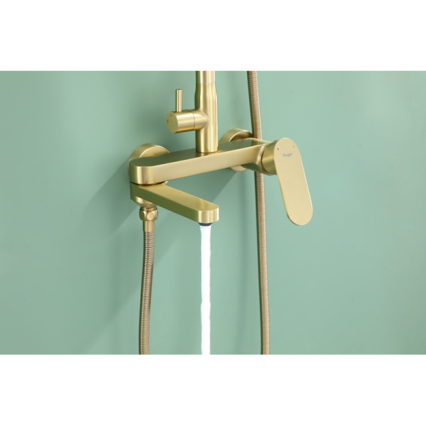 Душевая система Raglo R10.24.03 со смесителем, высота 1184-1514 мм цвет сатин золотой, комплект: однорычажный смеситель/излив/тропический душ круглый (с верхней лейкой)/лейка/стойка/шланг, нержавеющая сталь