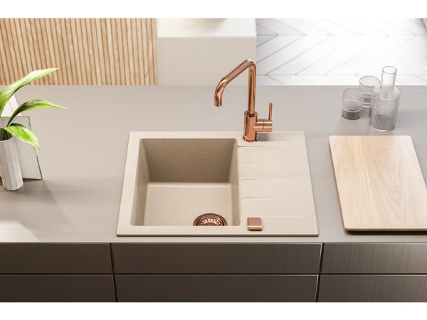 Смеситель для кухни ALVEUS OZ MONARCH COPPER new однорычажный, поворотный, керамический, с высоким Г-образным изливом, высота излива 24,6 см, латунь, цвет медь