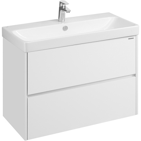 Тумба с раковиной Акватон Сканди 90, 88,2х42,7х59,1 см, подвесная, 2 выдвижных ящика, МДФ/ЛДСП, механизм доводчика, прямоугольная/умывальник Адриана 90, прямоугольный, цвет белый