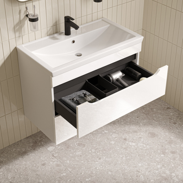 Тумба c раковиной IDDIS Ray, 815х455х610 мм, подвесная, 2 выдвижных ящика, МДФ/санфарфор, раковина накладная, прямоугольная, цвет белый глянцевый, отверстие под смеситель RAY80W0i95K