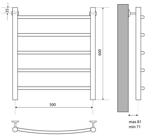 Полотенцесушитель MELODIA Classica Eco 50*60 П5, нержавеющая сталь, водяной, цвет хром, боковое подключение 