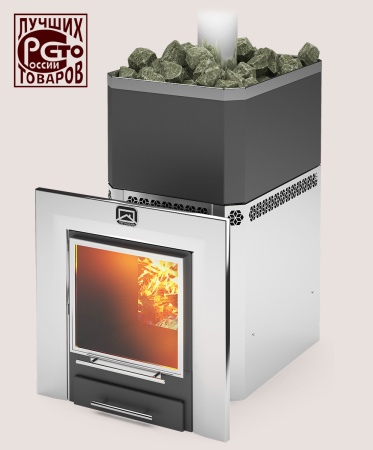 Печь Русь-27 ЛНЗП Профи Панорама ТЕПЛОДАР 27 м³  (двери 17" с обрамлением), напольная, пристенная, цвет красный, с открытой каменкой, с выносной топкой из предбанника, вертикальная, финская, масса камней 105 кг, на дровах