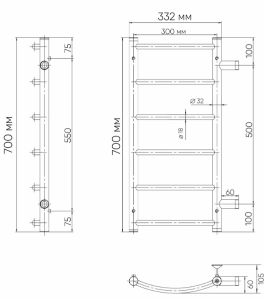 Полотенцесушитель 700х300 мм Indigo Arc без полки, (н.р.1"), (к-2, Полиров.), водяной, боковое подключение, из нержавеющей стали, форма лесенка, настенный, цвет серебристый, для ванны