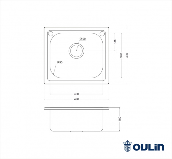 Мойка Oulin 49х43 см, врезная, из нержавеющей стали, прямоугольная, с отверстием под смеситель, слив-перелив, без крыла, для кухни