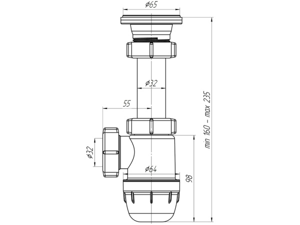 Сифон ANI (Ани-пласт) Юнг 1 1/4"* 32 mini бутылочный, для раковины (умывальника), полипропилен, белый