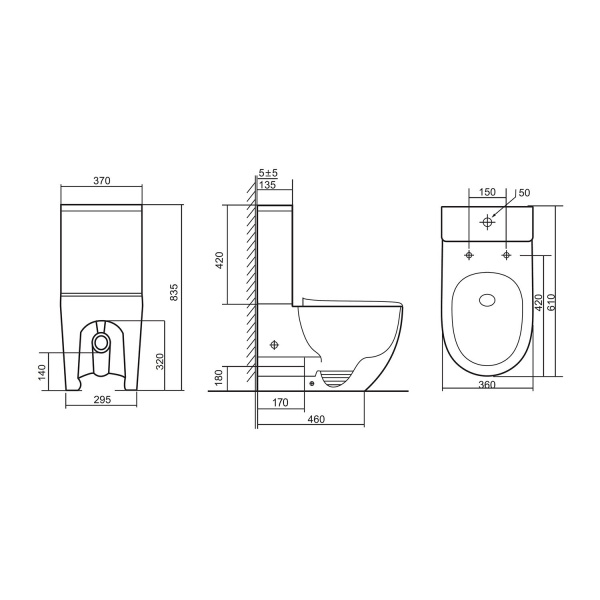 Унитаз компакт ABBER Bequem, 610х370х835 мм цвет белый, горизонтальный выпуск, напольный, безободковый, с быстросьемным сиденьем микролифт, дюропласт, смыв торнадо AC1110T