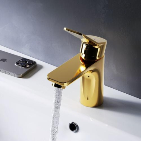 Смеситель для раковины Am.Pm X-Joy однорычажный, излив короткий, длина 100 мм, керамический, латунь, цвет золото, без донного клапана