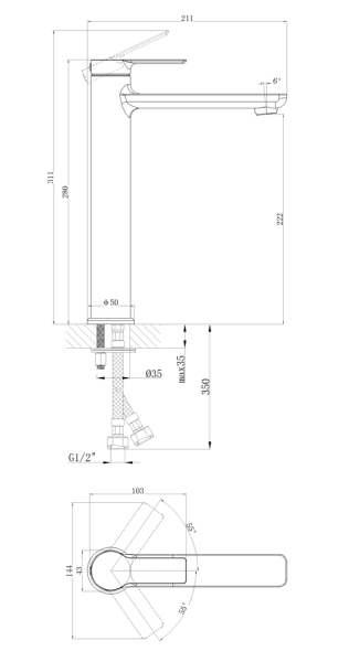 Смеситель для раковины/умывальника Cersanit Vibe однорычажный, высокий, неповоротный, длина 155 мм, латунь, цвет хром