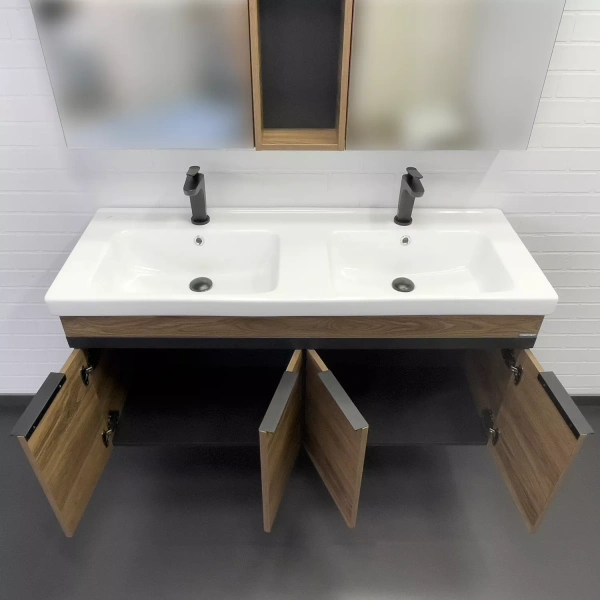 Тумба с раковиной Comforty Дуэт 125, 125х60х47 см, подвесная, 4 распашные дверцы, ЛДСП/МДФ, прямоугольная, цвет- дуб тёмно-коричневый/раковина Гармония 125, двойная, прямоугольная, цвет белый, встраиваемая