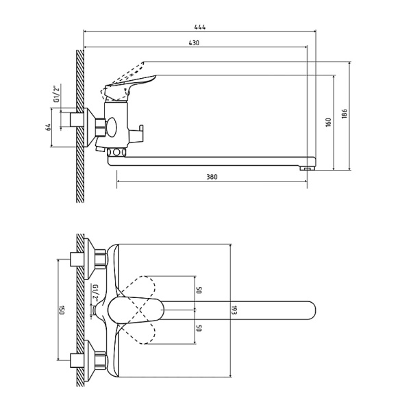 Смеситель для ванны/душа Osgard Brut, однорычажный, настенный, поворотный, латунный, длинный излив, длина излива 400 мм, керамический, цвет хром
