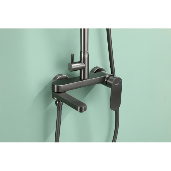 Душевая система Raglo R10.24.09 со смесителем, высота 1184-1514 мм цвет графит, комплект: однорычажный смеситель/излив/тропический душ круглый (с верхней лейкой)/лейка/стойка/шланг, нержавеющая сталь