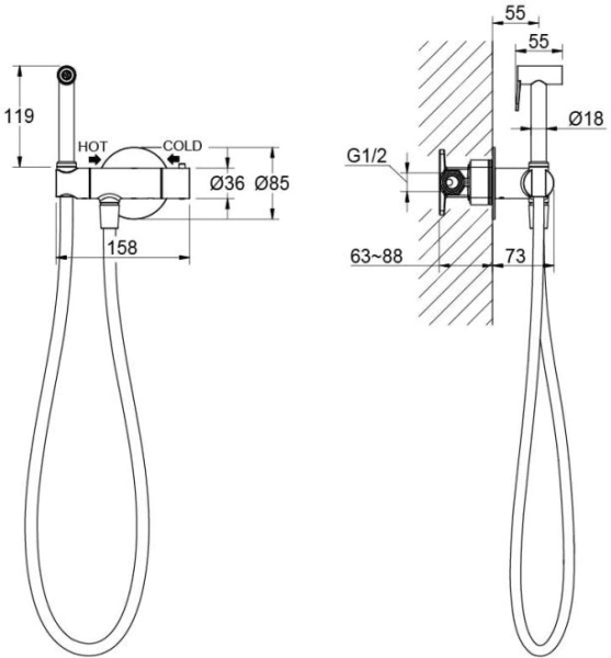 Смеситель термостатический с гигиеническим душем Aquatek Оберон встраиваемый, однорычажный, без излива, с гибким шлангом/лейкой, латунь, цвет матовый черный