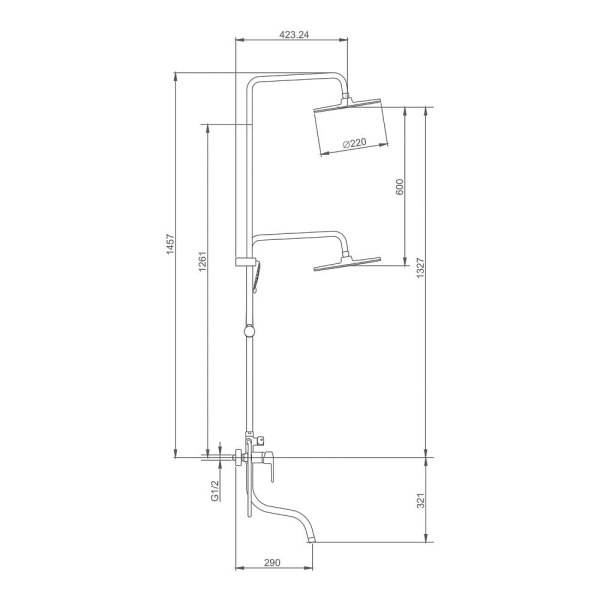 Душевая система Splenka S51.24 высота 1457 мм цвет хром, комплект: однорычажный смеситель/излив/тропический душ круглый (с верхней лейкой)/лейка/стойка/шланг, латунь