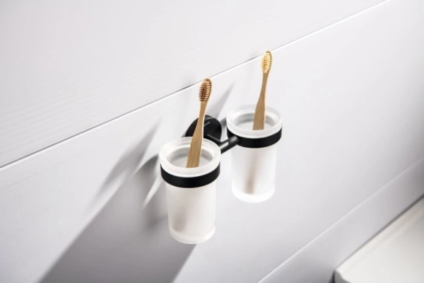 Стакан с держателем Aquatek Европа двойной, с держателем, настенный, латунь/стекло/нержавеющая сталь для зубных щеток в ванную/туалет/душевую кабину, цвет матовый черный