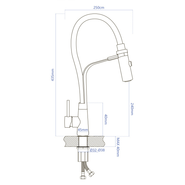 Смеситель для кухни/мойки AQUEDUC однорычажный, поворотный/гибкий, керамический, длина излива 250 мм, высота 240 мм, нержавеющая сталь/силикон, цвет сталь/черный 345734