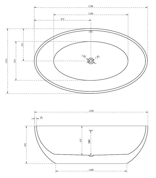 Ванна ABBER 175x100x58 см акриловая, цвет- белый, (без гидромассажа) овальная, отдельностоящая, правосторонняя/левосторонняя, универсальная AB9249-1.7