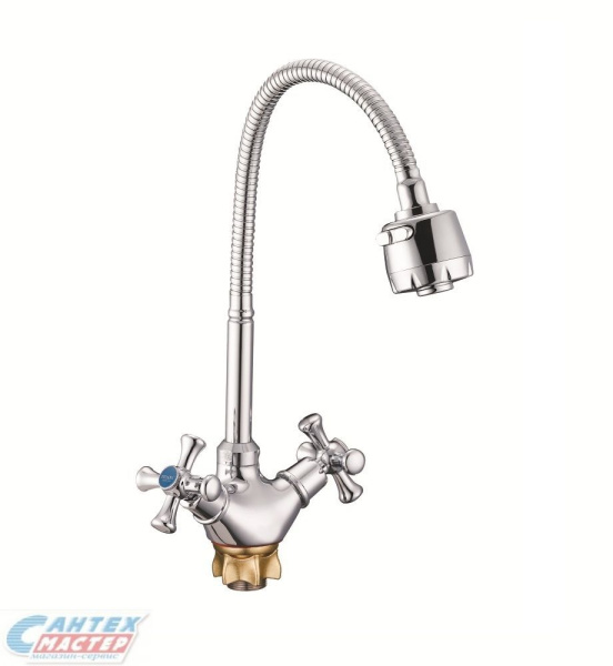 Смеситель для кухни/мойки G-lauf двухвентильный, поворотный, керамический, с гибким гофрированным изливом, цинк, цвет хром, кухонный, хромированный, вертикальный, кран, комплект, сантехника, водопроводные, размер, характеристики, высота, расстояние