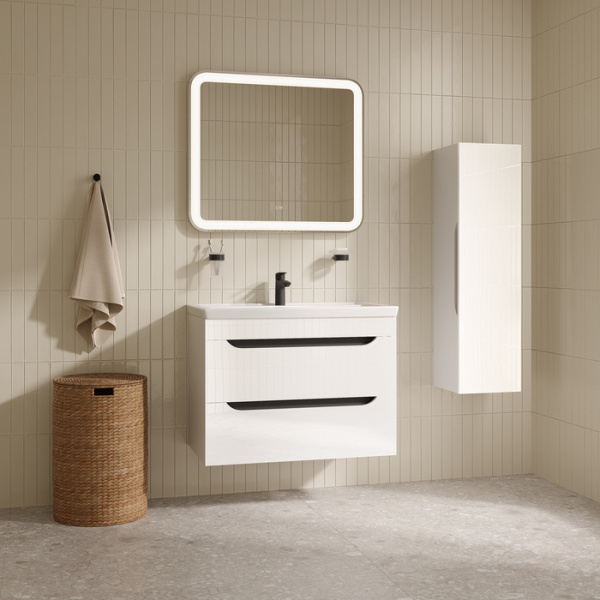 Тумба c раковиной IDDIS Ray, 815х455х610 мм, подвесная, 2 выдвижных ящика, МДФ/санфарфор, раковина накладная, прямоугольная, цвет белый глянцевый, отверстие под смеситель RAY80W0i95K