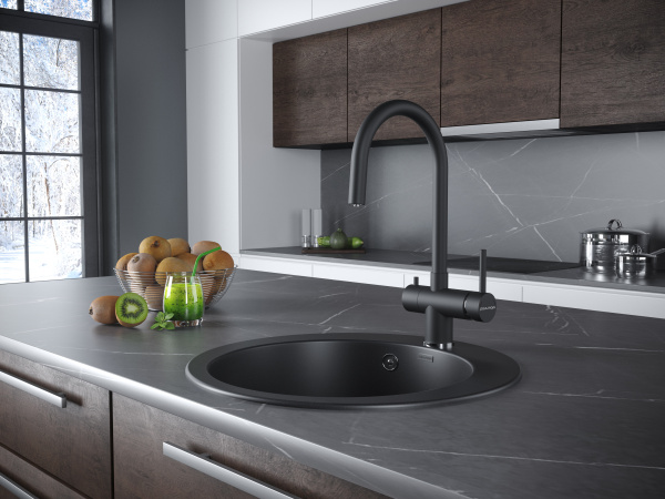 Смеситель для кухни/мойки Paulmark Heller, с подключением к фильтру/биканальный, однорычажный, поворотный излив, керамический картридж, высокий, длина излива 219 мм, нержавеющая сталь, цвет антрацит