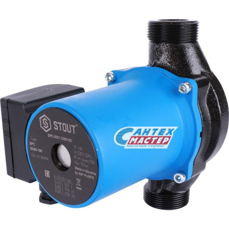 Насос циркуляционный Stout 32/60-180, D32 мм, L180 мм, 4 м³/ч, напор 6.5 м, 10 бар, 0,095 кВт, 220 В, с гайками, повышающий давление, для систем отопления частных домов, квартир