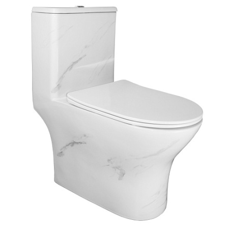 Унитаз-моноблок Azario Terni, белый мрамор, горизонтальный (в стену) выпуск, напольный, с сиденьем микролифт, дюропласт, безободковый, чаша с бачком