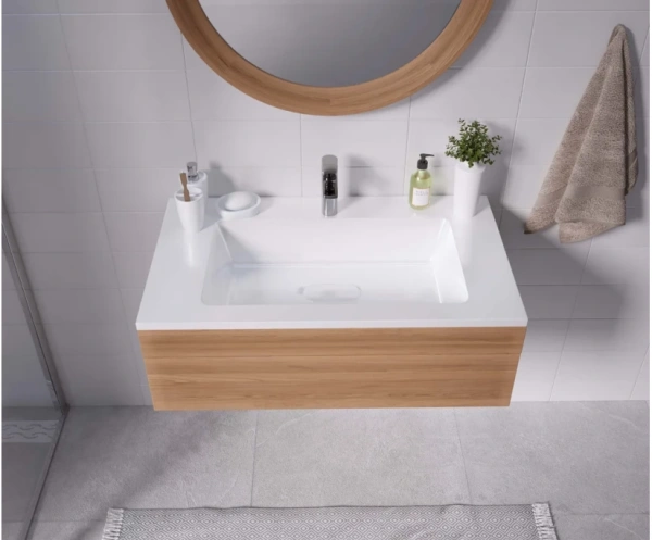 Раковина Madera Modul 80, 770х450х120 мм накладная, прямоугольная, литьевой мрамор, цвет белый, с отверстием под смеситель, без слива-перелива