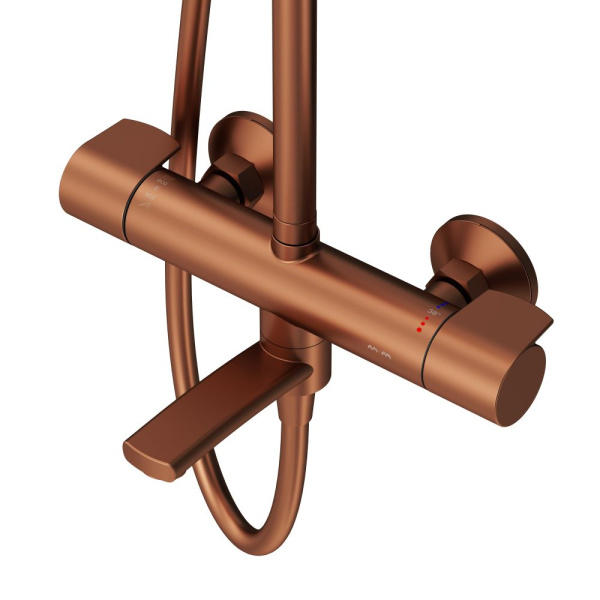 Душевая система AM.PM X-Joy, высота 1460 мм, цвет розовое золото, комплект: термостатический смеситель с изливом/тропический душ (с верхней лейкой)/стойка/лейка/шланг, наружного монтажа