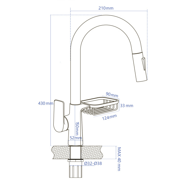 Смеситель для кухни/мойки AQUEDUC однорычажный, поворотный/выдвижной с мыльницей, керамический, длина излива 210 мм, нержавеющая сталь, цвет черный матовый 345719