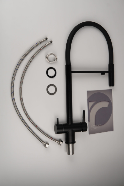 Смеситель для кухни/мойки Knotlor Infinity, с подключением к фильтру, однорычажный, поворотный, керамический, R-излив, гибкий, длина 230 мм, матовый черный/черный, нержавеющая сталь SS-16/BL