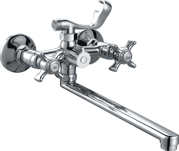 Смеситель для ванны/душа HAIBA двухвентильный, хромированный, настенный, излив длинный 322 мм, поворотный, латунь, хром