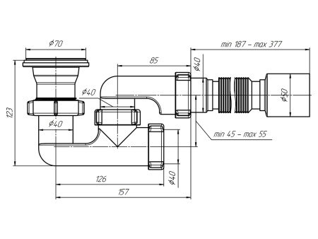 Сифон ANI (Ани-пласт) для душевого поддона 1 1/2"*40 плоский, регулируемый, с гибкой трубой 375*40/50 белый, полипропилен E215