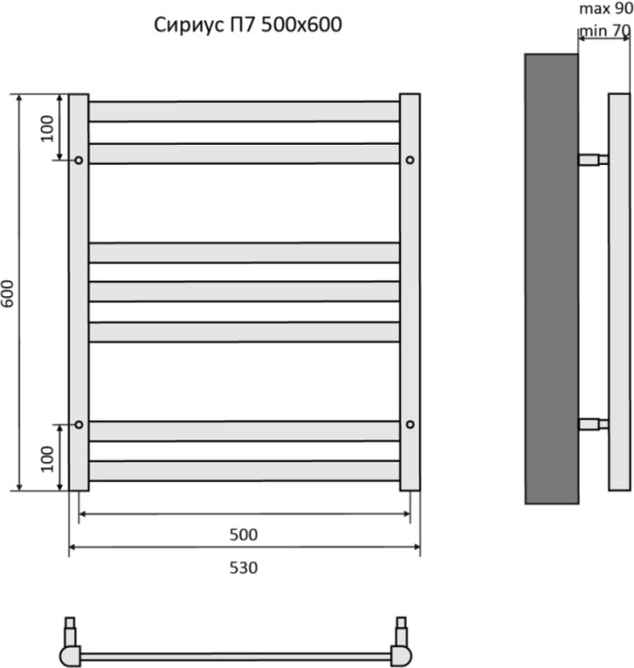 Полотенцесушитель Aquatek Сириус водяной П7 500х600 мм черный муар, нержавеющая сталь, лесенка, подключение нижнее