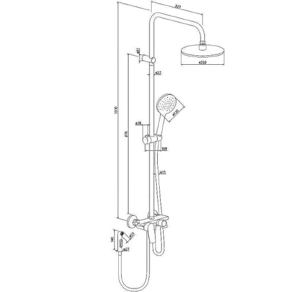 Душевая система Damixa Origin Bit, со смесителем цвет черный матовый, без смесителя, комплект: тропический душ (с верхней лейкой)/стойка/лейка/шланг