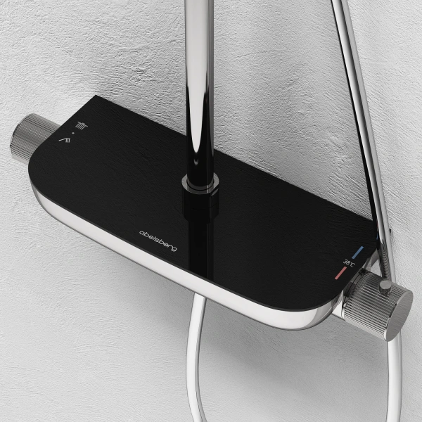 Душевая система Abelsberg Lineara с термостатом, высота 900−1300 мм цвет глянцевый хром, комплект: смеситель/полка для душа/тропический душ (с верхней лейкой)/лейка/стойка/шланг, латунь/ABS-пластик