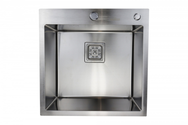 Мойка кухонная Siriusline, 50х50 см, врезная, нержавеющая сталь, квадратная, цвет: сатин, с отверстием под смеситель, в комплекте: коландер, дозатор, сифон квадратный слив SL5050-KV
