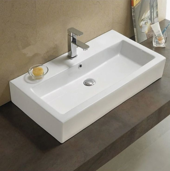 Раковина CeramaLux 9255 (7029D) 80х14,5х43,5 накладная, прямоугольная, керамическая/фарфоровая, цвет белый, с отверстием под смеситель, слив-перелив